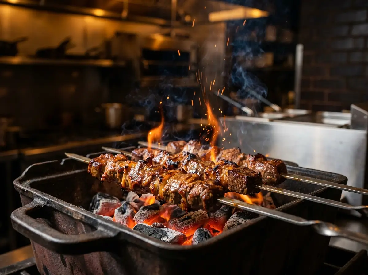 Brotxetes de carn a la brasa sobre les brases